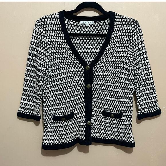 CABI Coco Waffle Knit‎ Cardigan Size L-Black Cream 3/4 Sleeves-Classic Preppy - Picture 1 of 13
